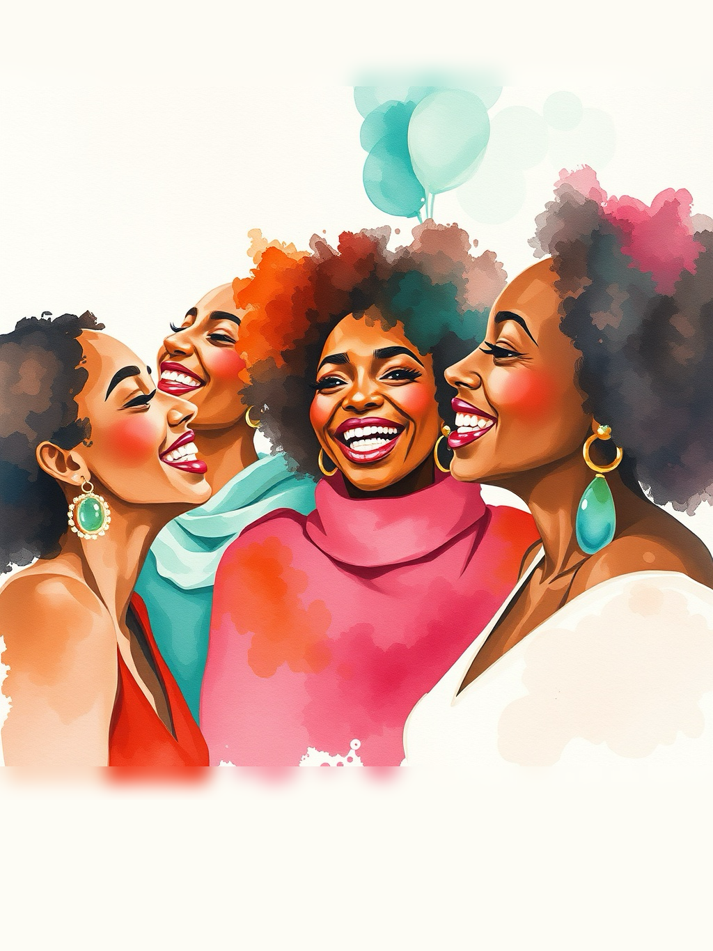 Watercolor illustration of four women laughing together