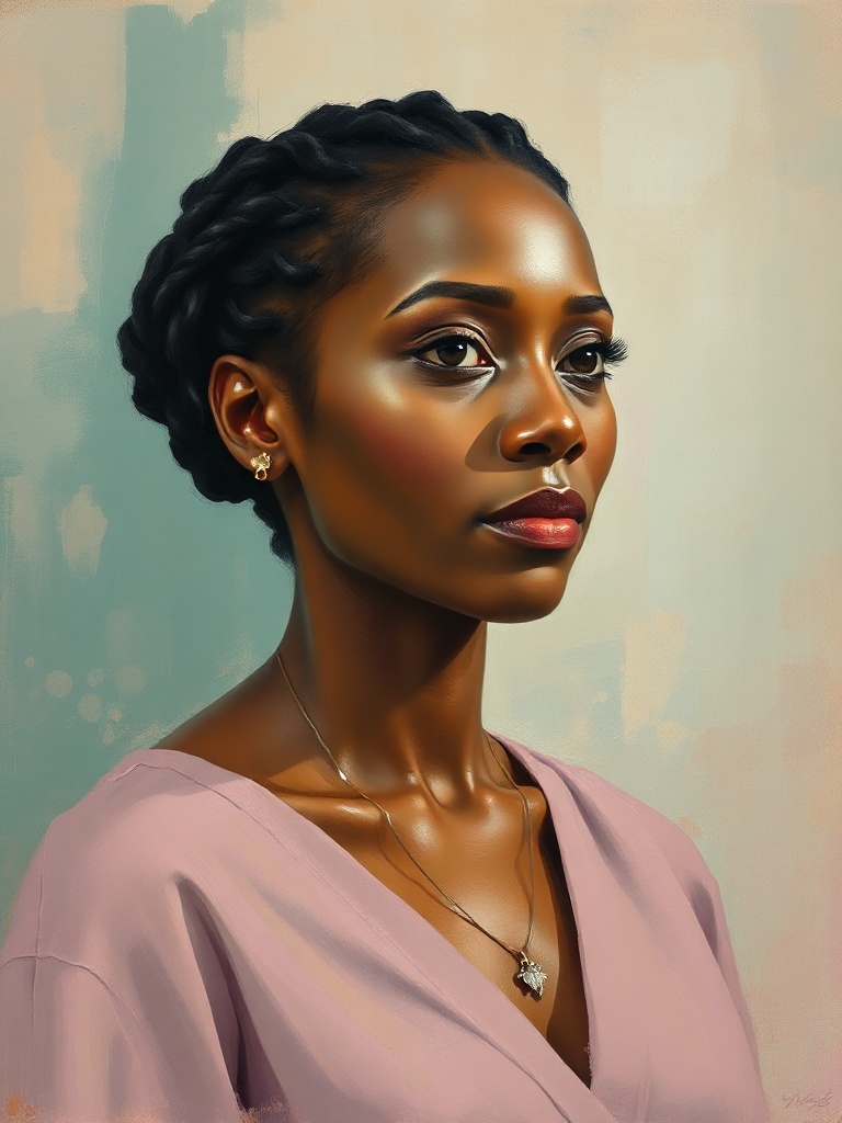 Painterly portrait of a contemplative woman, illustrating the composite persona Brandi