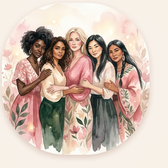 Watercolor illustration of five women standing together, from the Brave Sis brand art