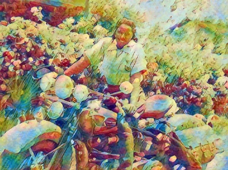 Painterly artwork of a woman riding a flower-laden bicycle, from the Brave Sis artwork library